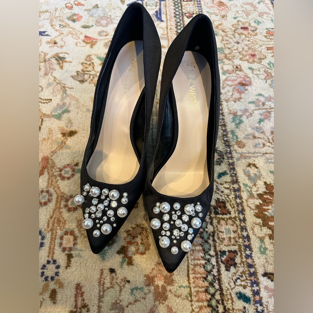 Nine West Black Satin Heels with Pearl and Rhinestone Accents